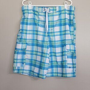 Beverly Hills Polo Club White Blue Yellow Swim Trunks Size L